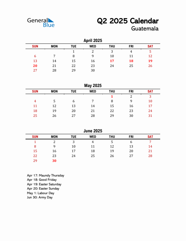 2025 Q2 Calendar with Holidays List for Guatemala