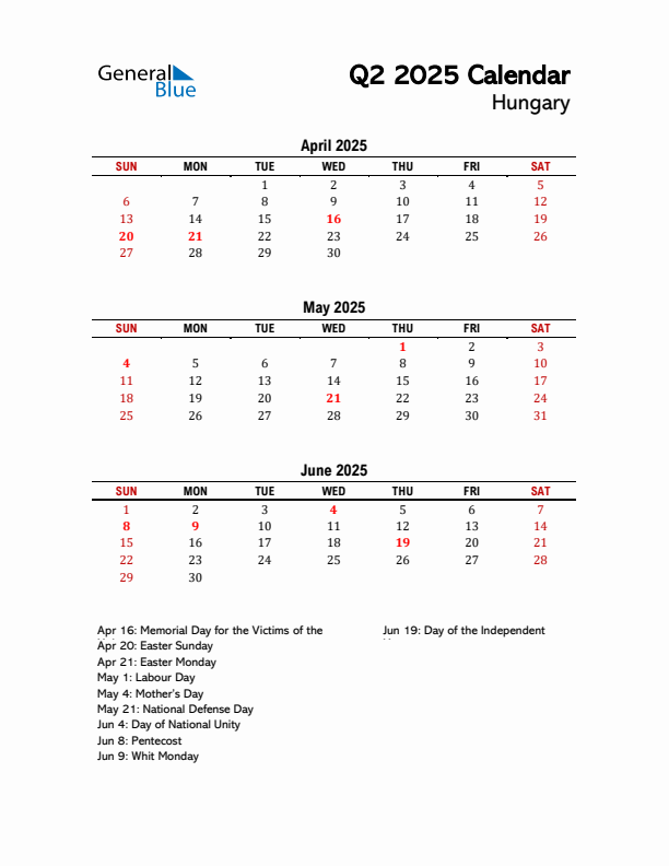 2025 Q2 Calendar with Holidays List for Hungary