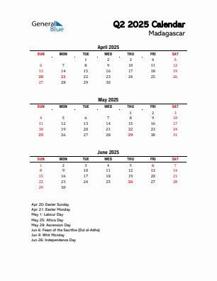 Madagascar Quarter 2  2025 calendar template