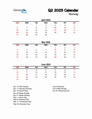 Norway Quarter 2 2025 calendar template