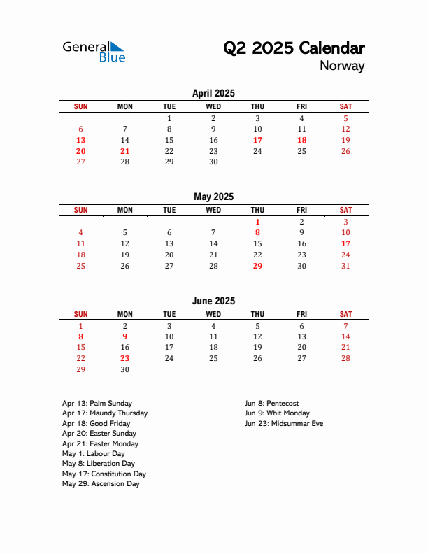 2025 Q2 Calendar with Holidays List for Norway