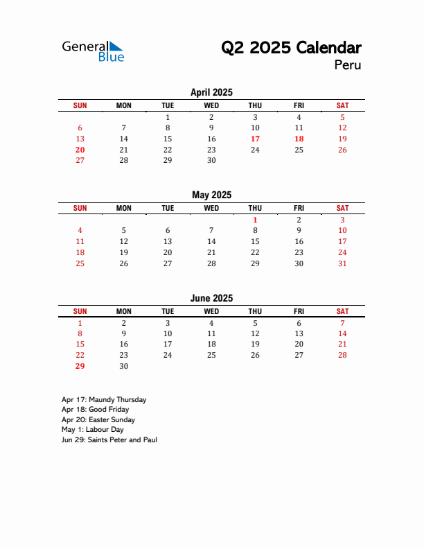 2025 Q2 Calendar with Holidays List for Peru