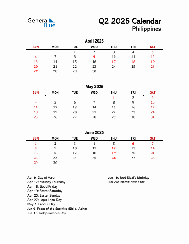 2025 Q2 Calendar with Holidays List for Philippines