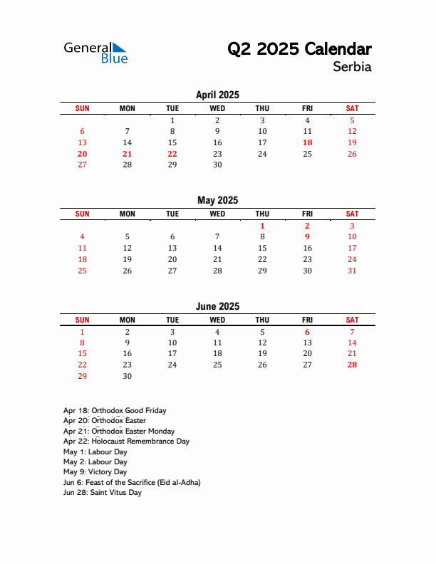 2025 Q2 Calendar with Holidays List for Serbia