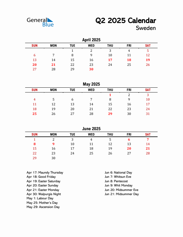 2025 Q2 Calendar with Holidays List for Sweden