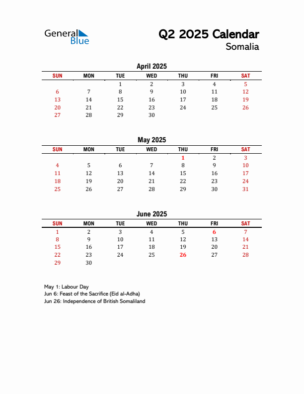 2025 Q2 Calendar with Holidays List for Somalia