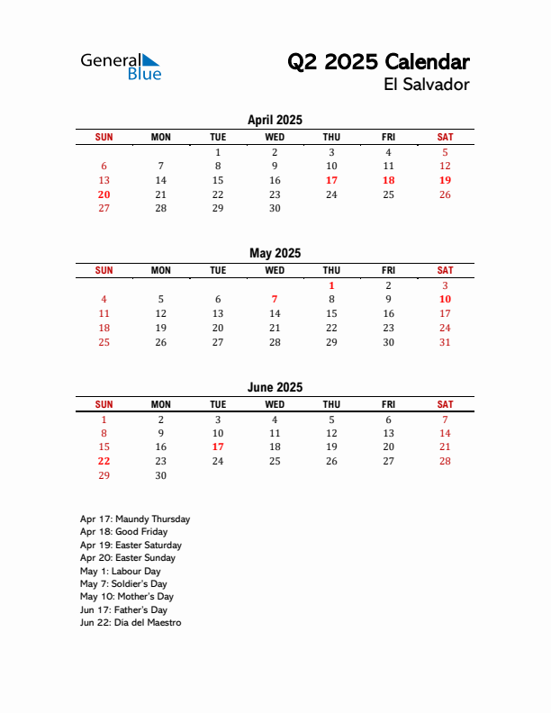 2025 Q2 Calendar with Holidays List for El Salvador