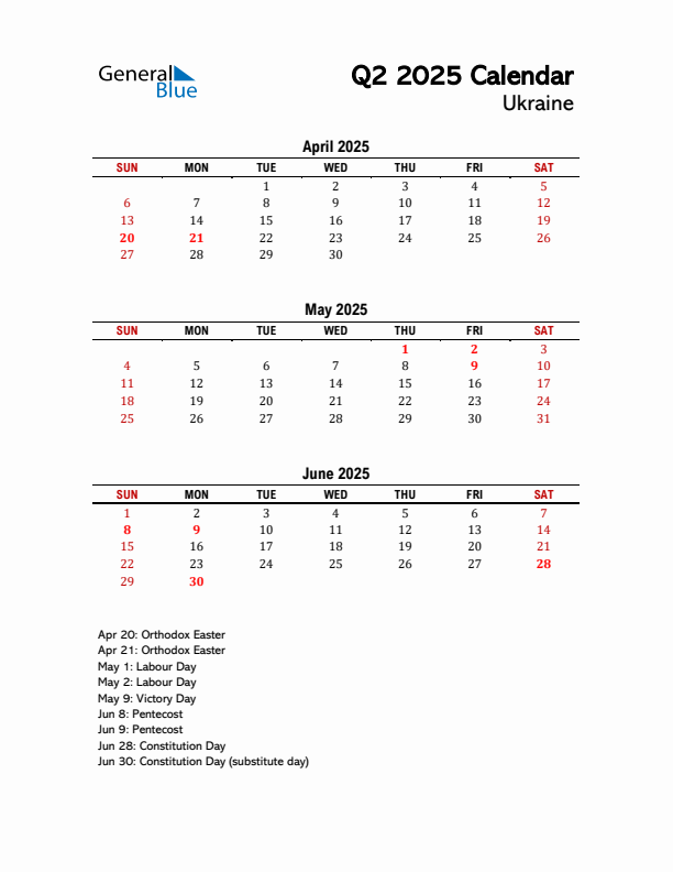 2025 Q2 Calendar with Holidays List for Ukraine