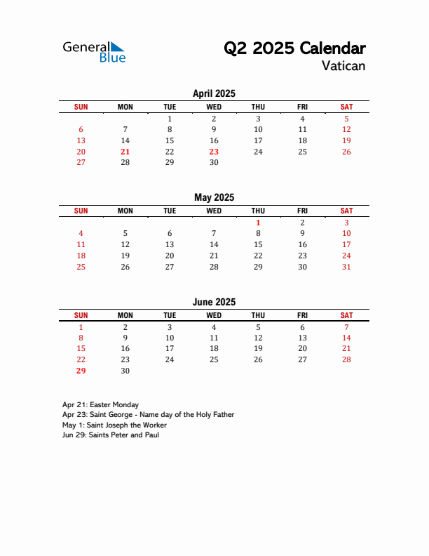 2025 Q2 Calendar with Holidays List for Vatican