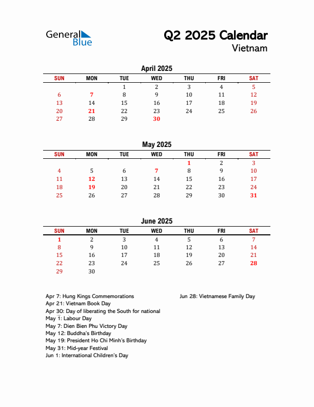 2025 Q2 Calendar with Holidays List for Vietnam