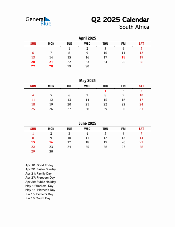 2025 Q2 Calendar with Holidays List for South Africa