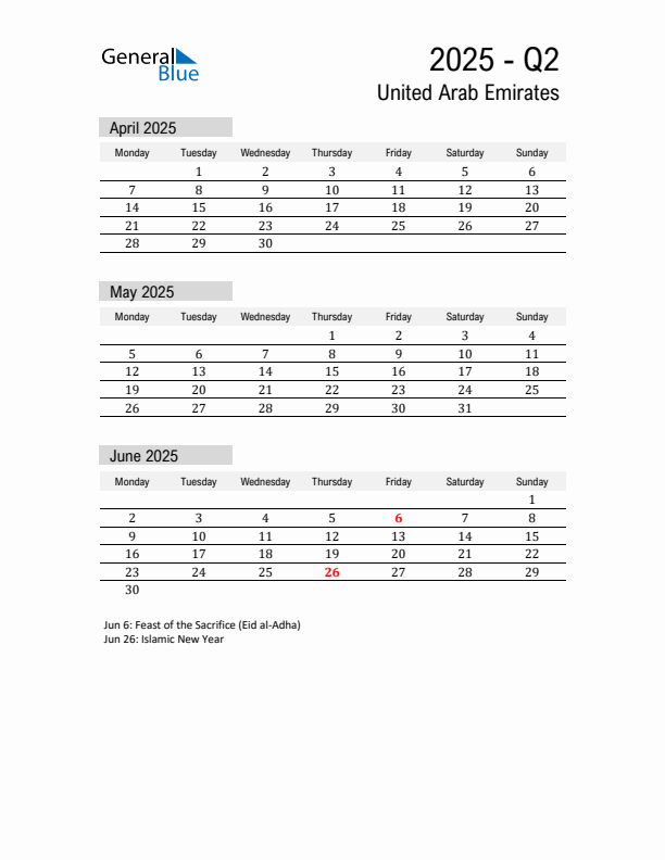 United Arab Emirates Quarter 2 2025 Calendar with Holidays