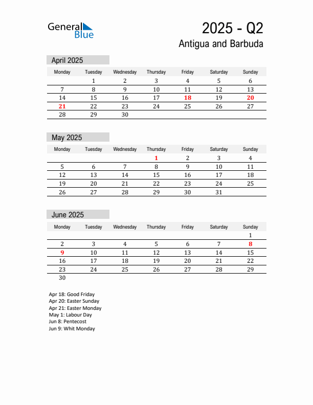 Antigua and Barbuda Quarter 2 2025 Calendar with Holidays