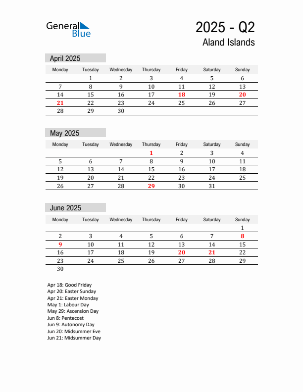 Aland Islands Quarter 2 2025 Calendar with Holidays