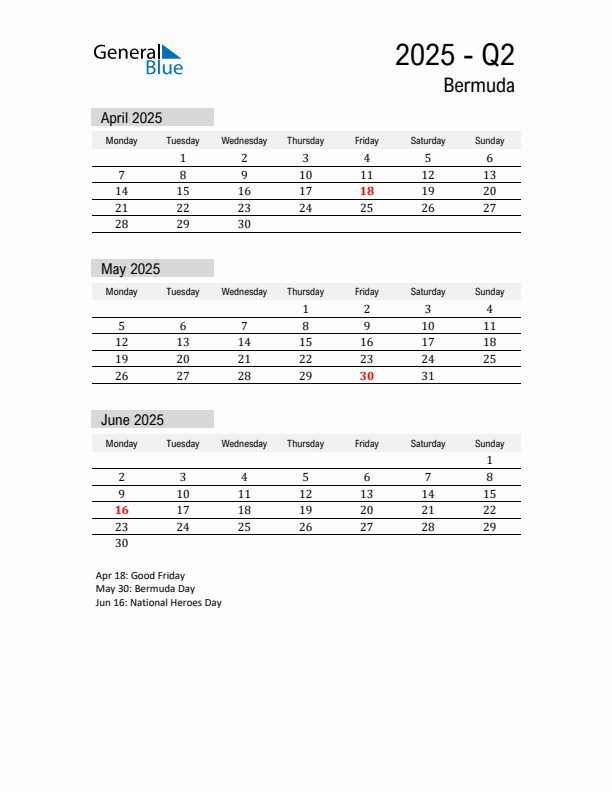 Bermuda Quarter 2 2025 Calendar with Holidays