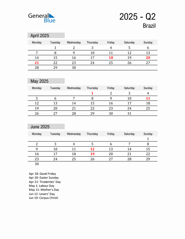 Brazil Quarter 2 2025 Calendar with Holidays