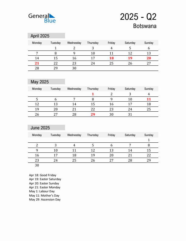 Botswana Quarter 2 2025 Calendar with Holidays