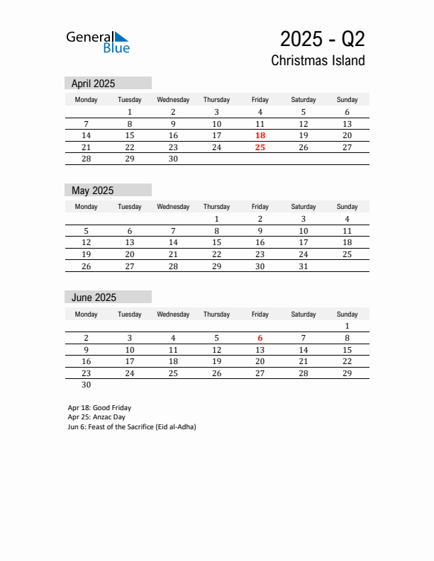 Christmas Island Quarter 2 2025 Calendar with Holidays