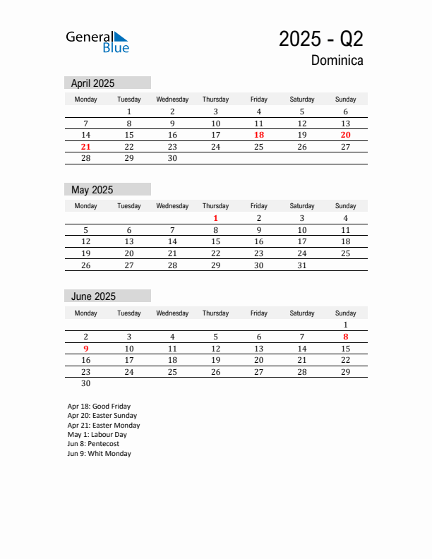 Dominica Quarter 2 2025 Calendar with Holidays