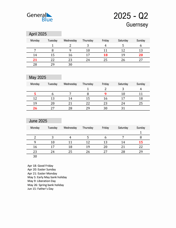 Guernsey Quarter 2 2025 Calendar with Holidays