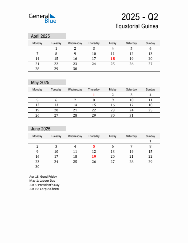 Equatorial Guinea Quarter 2 2025 Calendar with Holidays