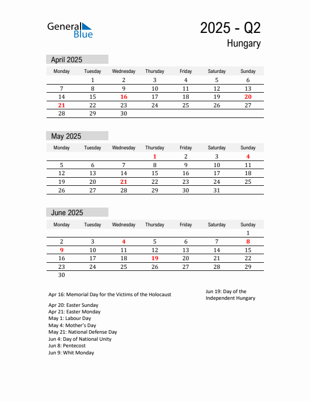 Hungary Quarter 2 2025 Calendar with Holidays