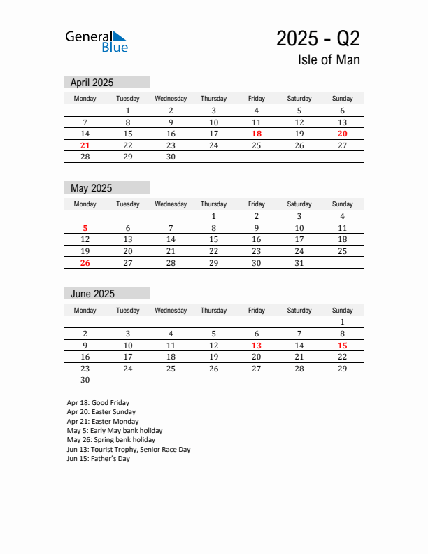 Isle of Man Quarter 2 2025 Calendar with Holidays