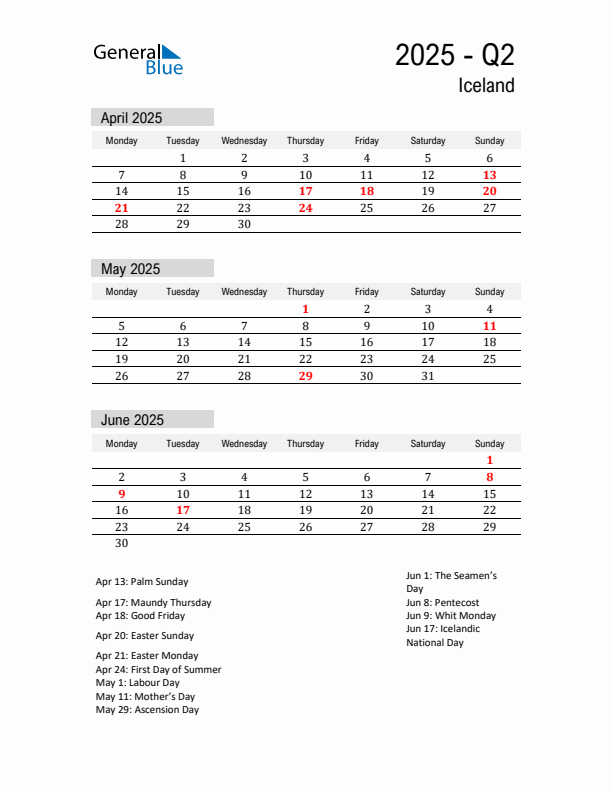 Iceland Quarter 2 2025 Calendar with Holidays