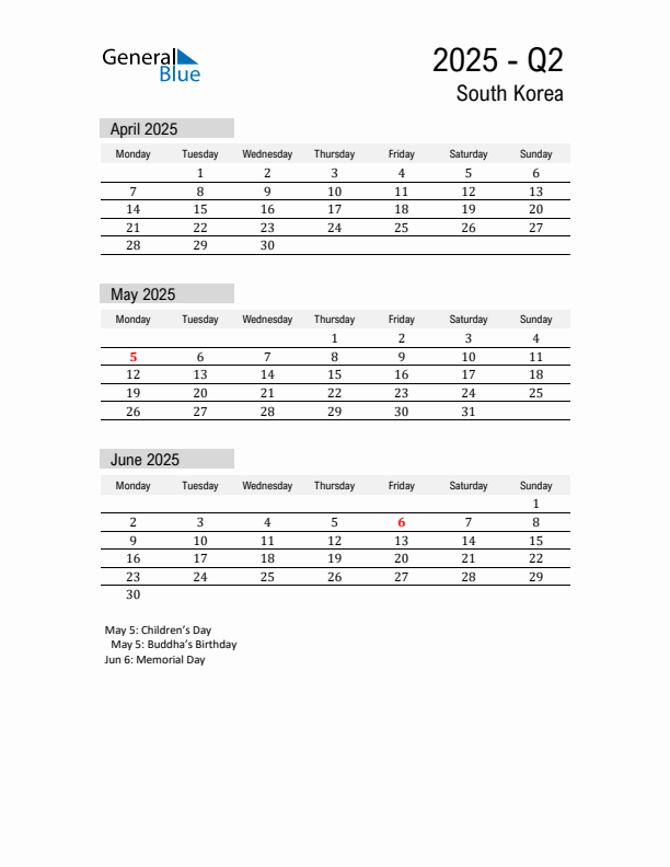 South Korea Quarter 2 2025 Calendar with Holidays