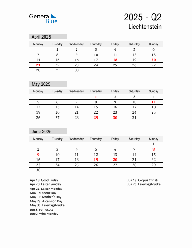 Liechtenstein Quarter 2 2025 Calendar with Holidays