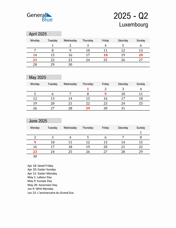 Luxembourg Quarter 2 2025 Calendar with Holidays