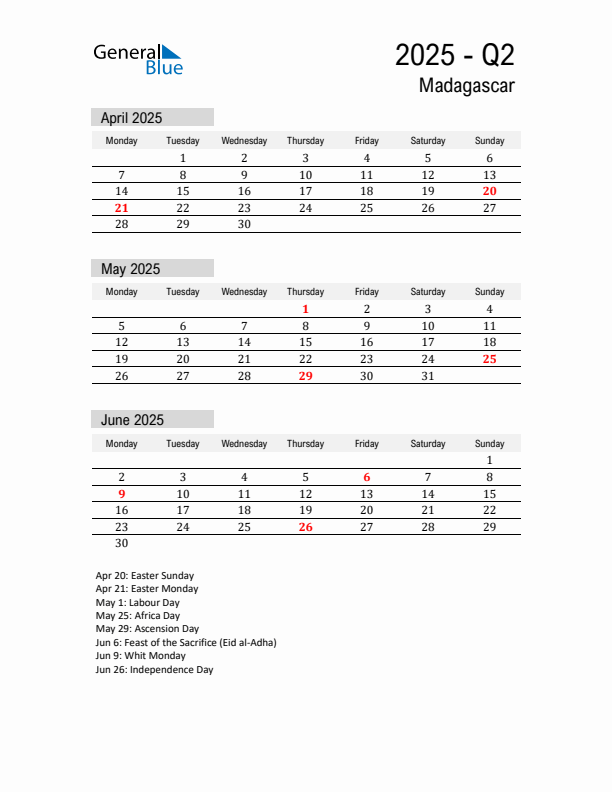 Madagascar Quarter 2 2025 Calendar with Holidays