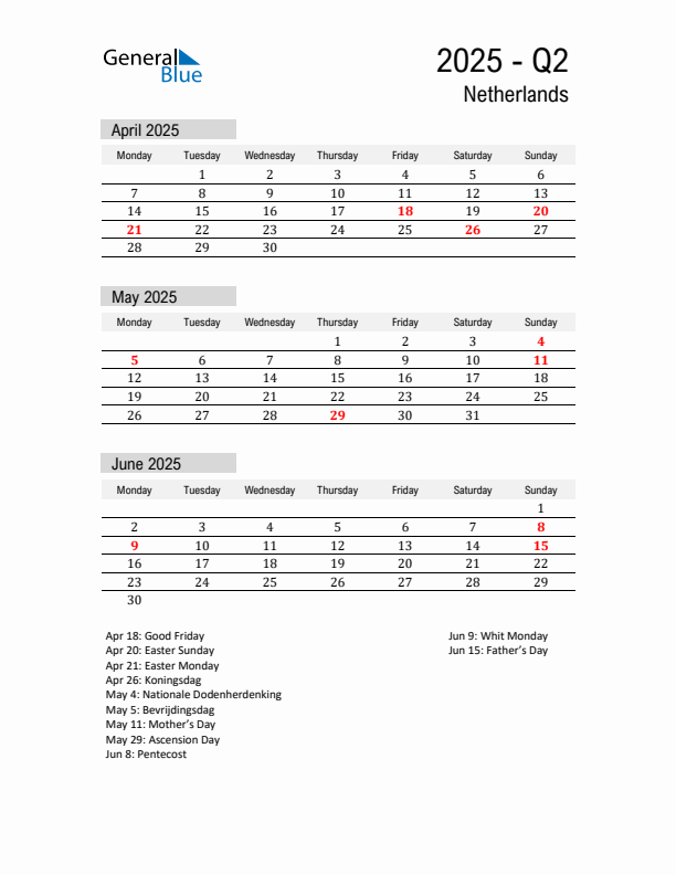 The Netherlands Quarter 2 2025 Calendar with Holidays