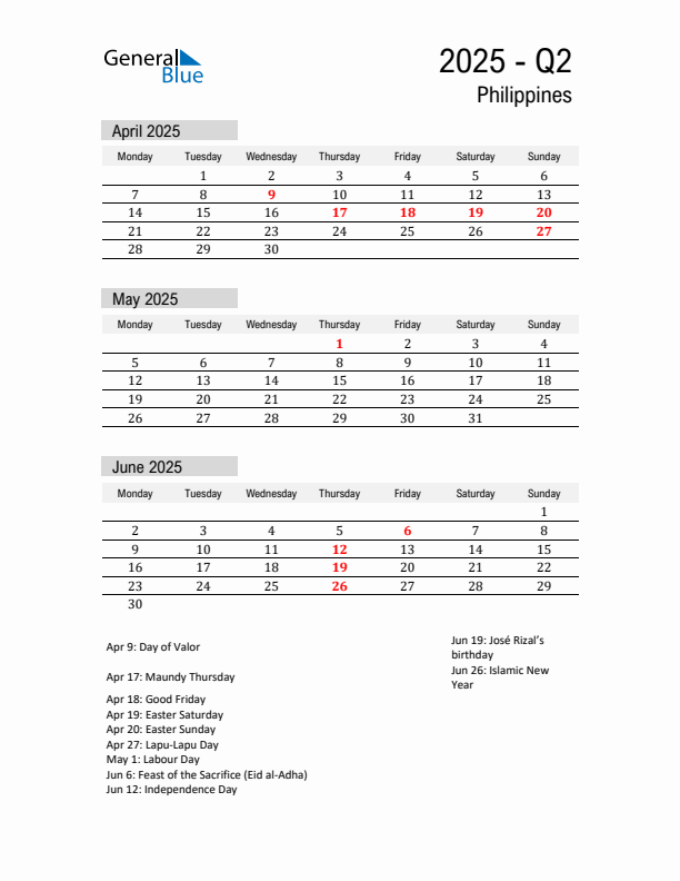 Philippines Quarter 2 2025 Calendar with Holidays