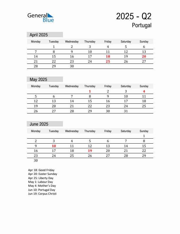 Portugal Quarter 2 2025 Calendar with Holidays