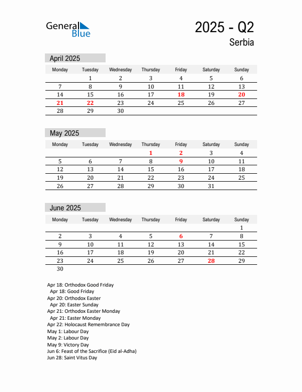 Serbia Quarter 2 2025 Calendar with Holidays