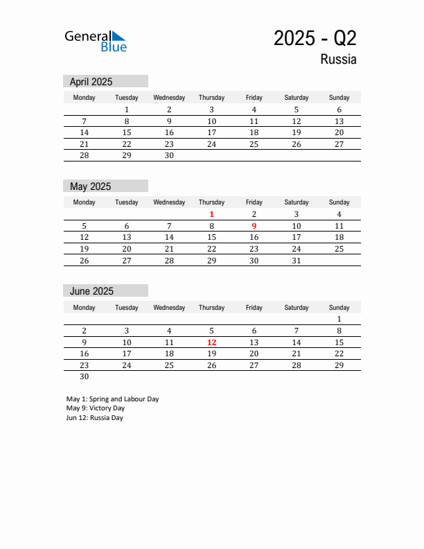 Russia Quarter 2 2025 Calendar with Holidays