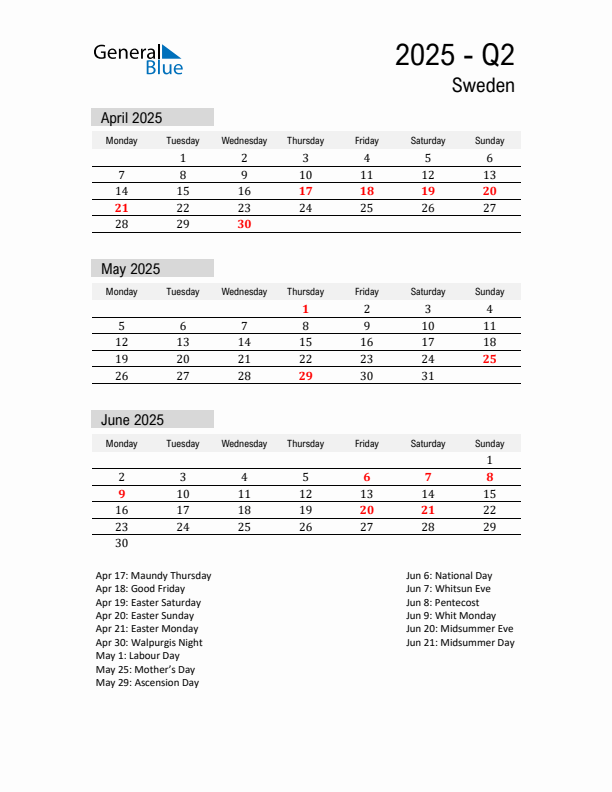 Sweden Quarter 2 2025 Calendar with Holidays