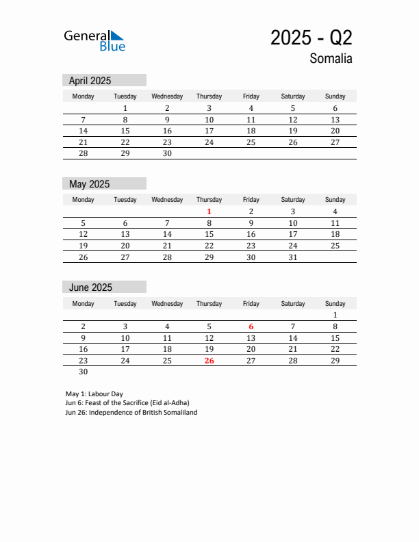 Somalia Quarter 2 2025 Calendar with Holidays