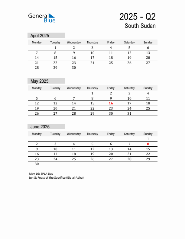 South Sudan Quarter 2 2025 Calendar with Holidays