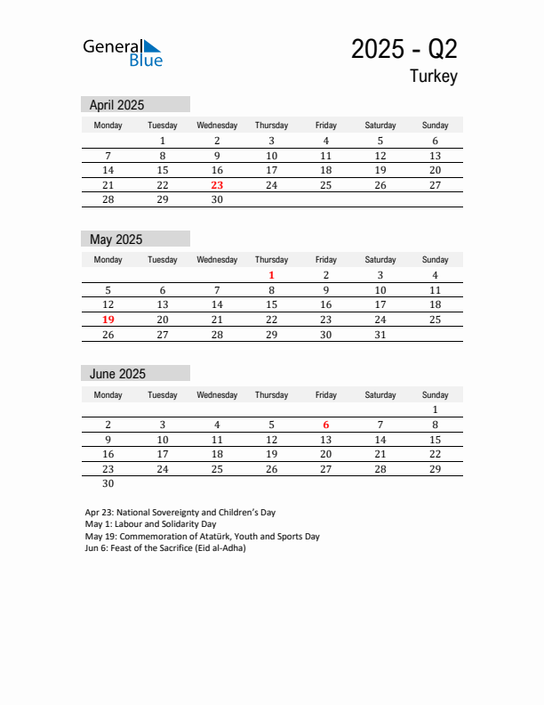 Turkey Quarter 2 2025 Calendar with Holidays