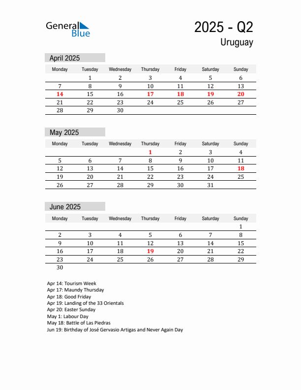 Uruguay Quarter 2 2025 Calendar with Holidays