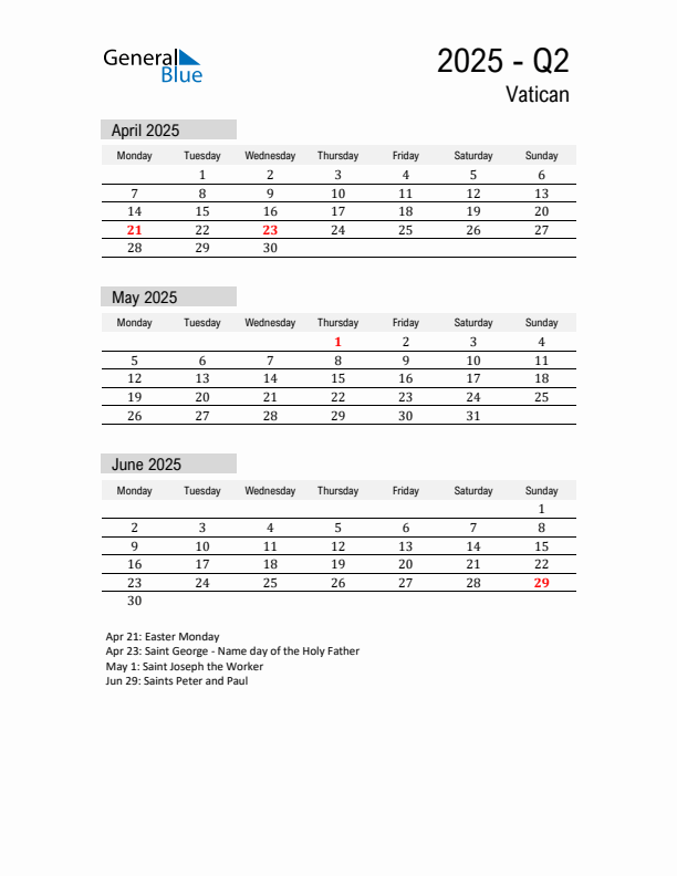 Vatican Quarter 2 2025 Calendar with Holidays