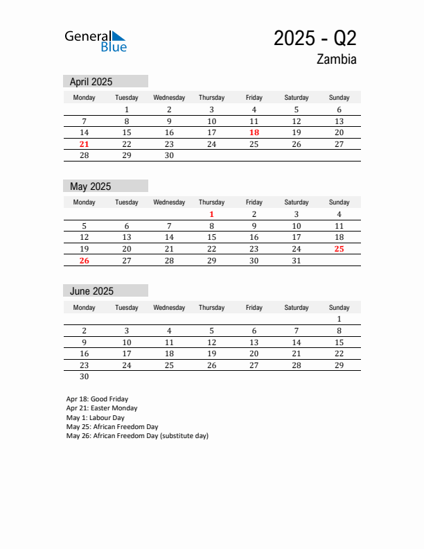 Zambia Quarter 2 2025 Calendar with Holidays