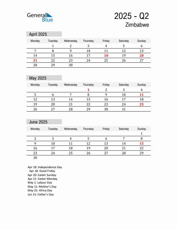 Zimbabwe Quarter 2 2025 Calendar with Holidays