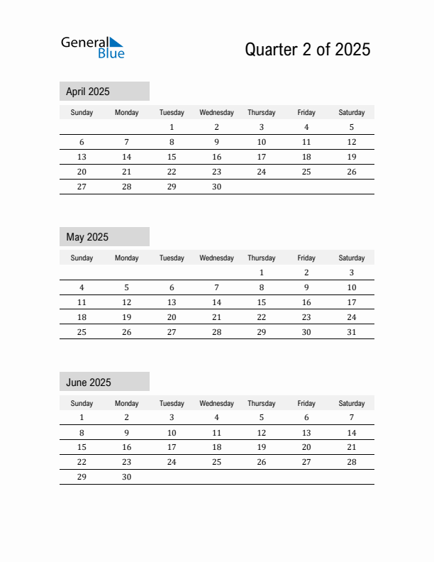 April, May, and June Calendar 2025