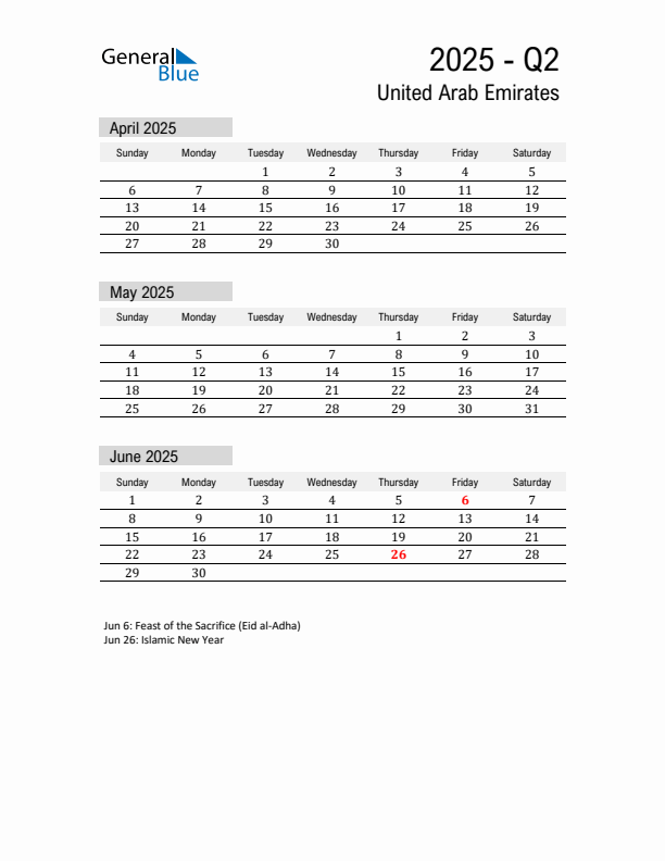 United Arab Emirates Quarter 2 2025 Calendar with Holidays