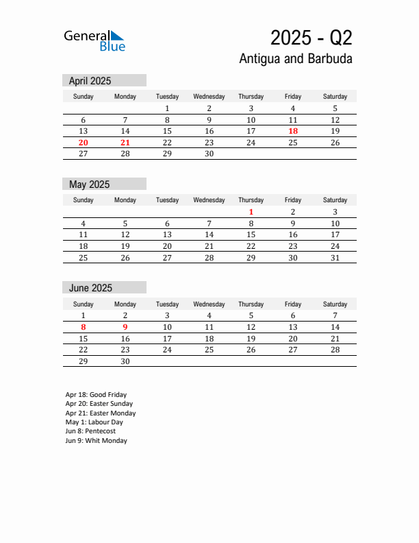 Antigua and Barbuda Quarter 2 2025 Calendar with Holidays