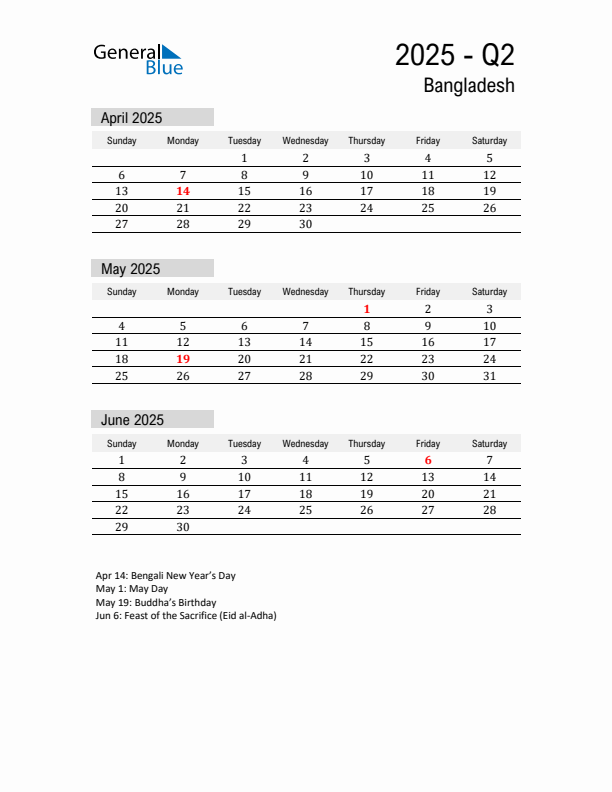 Bangladesh Quarter 2 2025 Calendar with Holidays