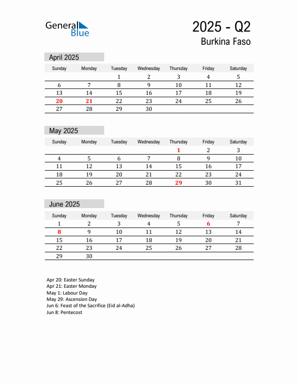 Burkina Faso Quarter 2 2025 Calendar with Holidays